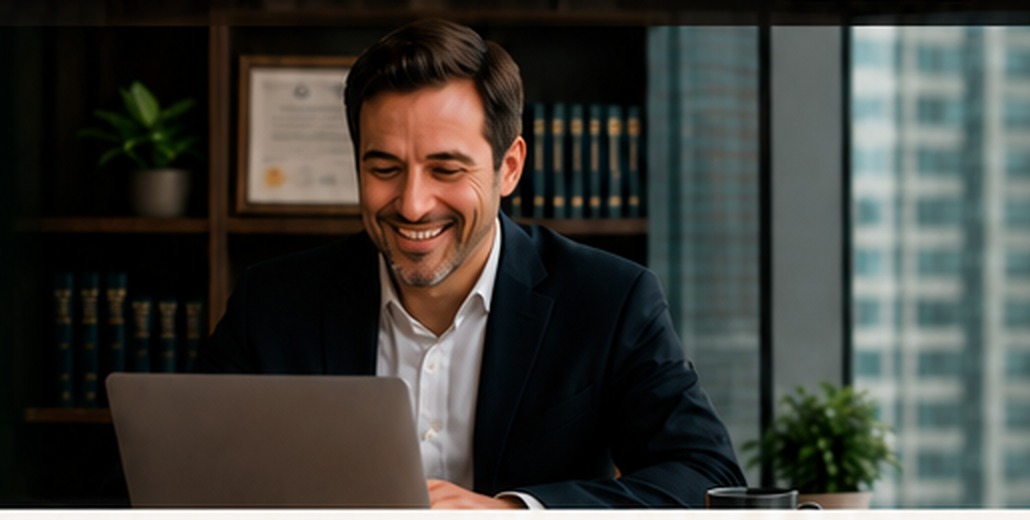 Persona sonriendo frente a un laptop en una oficina notarial
