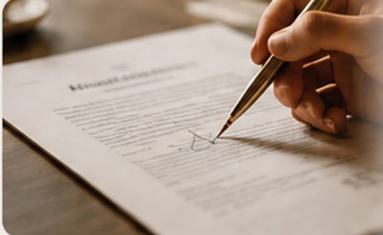Persona firmando un documento notarial